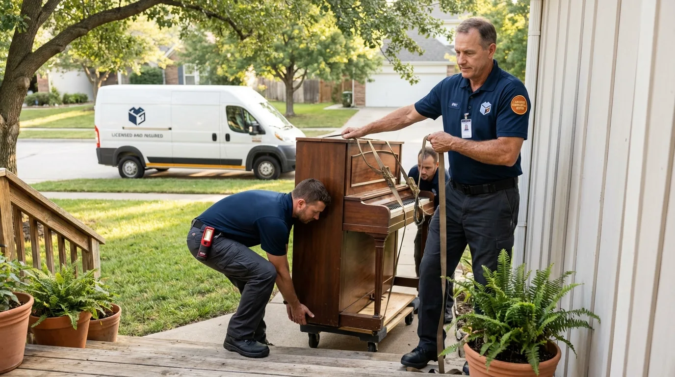 Licensed piano movers securing grand piano in Coulee Dam, WA