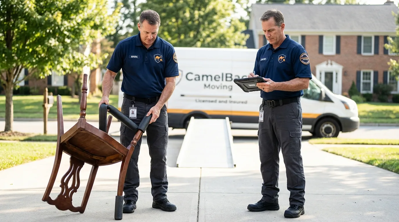 Movers inspecting furniture for damage prevention before loading in Coulee Dam, WA