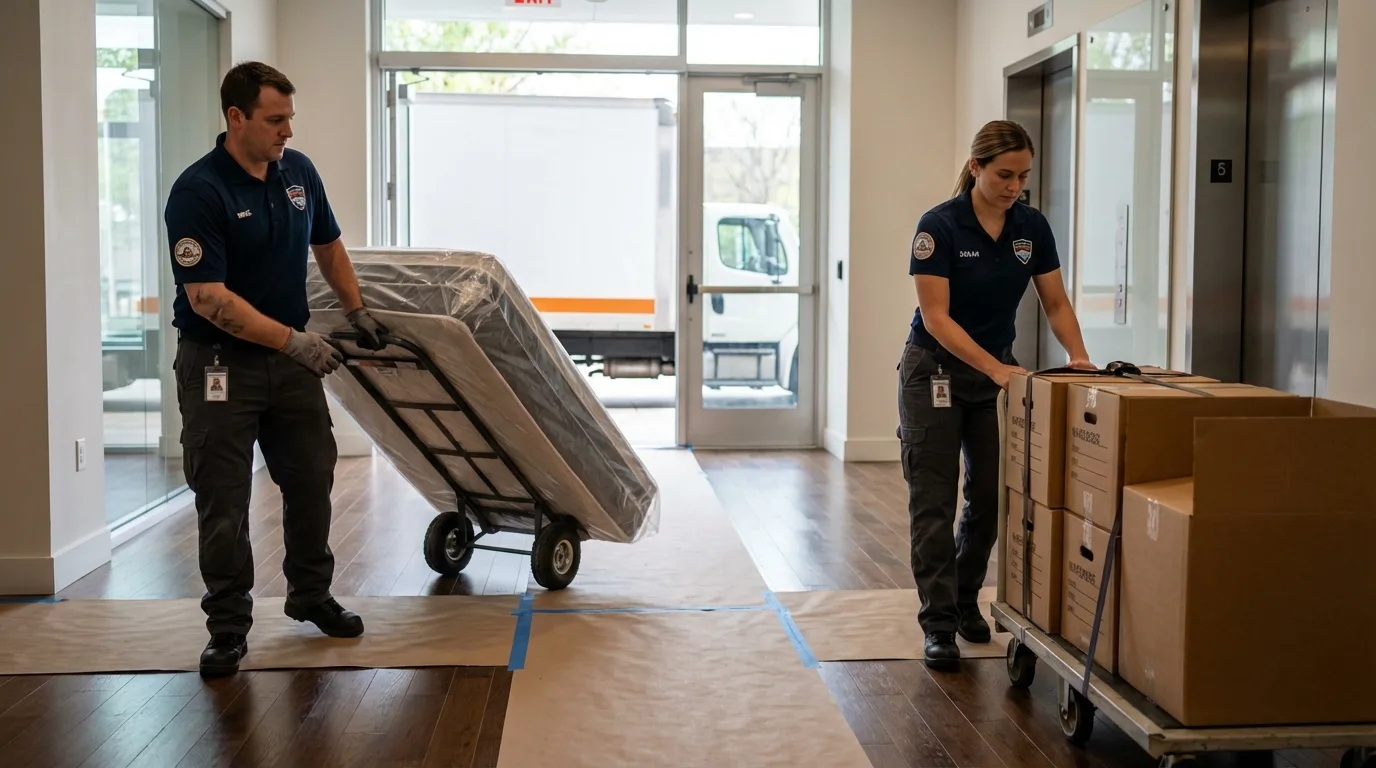 Professional apartment movers loading elevator in Coulee Dam, WA