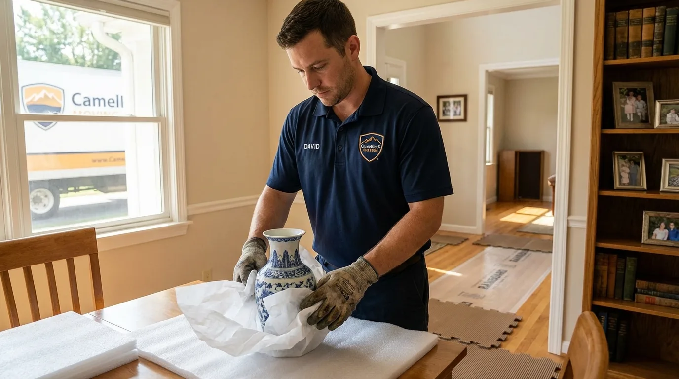 Professional crew carefully wrapping antique vase for senior downsizing move in Coulee Dam, WA